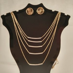 Necklace earring set gold tubing multistrand coin